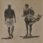 Featured Artwork: Aida Garrity Oil painting of a golfer and his caddie walking away from the viewer