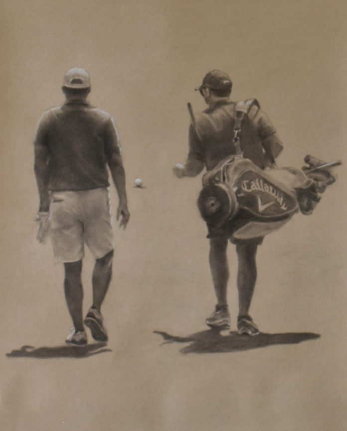 Oil painting of a golfer and his caddie walking away from the viewer