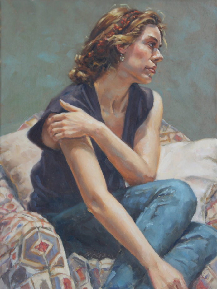 Oil painting of a woman looking off into a room