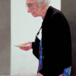 Featured Artwork: Amy Werntz presented by The Bennett Prize Oil painting of an elderly woman with a piece of pie on a paper plate