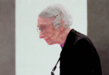Featured Artwork: Amy Werntz presented by The Bennett Prize Oil painting of an elderly woman with a piece of pie on a paper plate