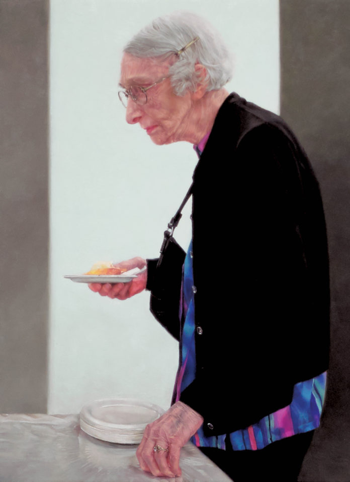 Oil painting of an elderly woman with a piece of pie on a paper plate