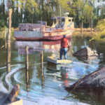 Featured Artwork: Nancy Tankersley Oil painting of a lone waterman oaring his way to his old moored workboat