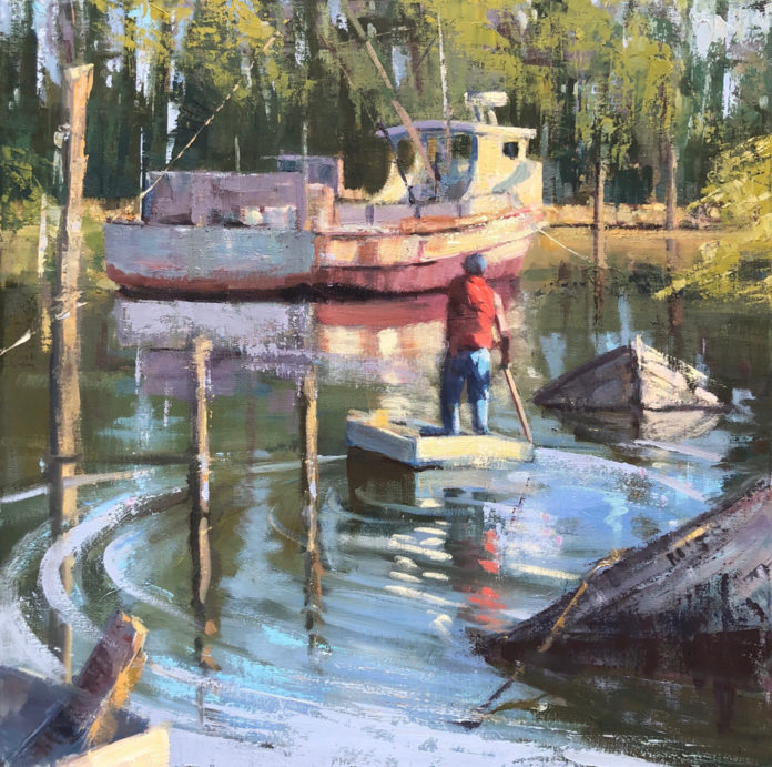 Oil painting of a lone waterman oaring his way to his old moored workboat