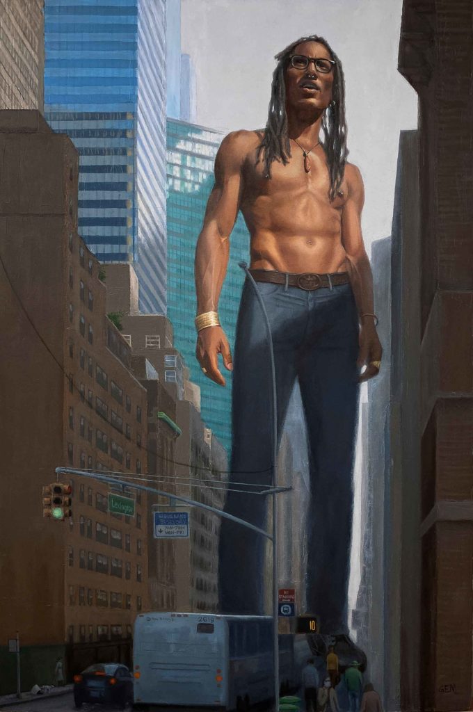 Painting of a tall man in a city