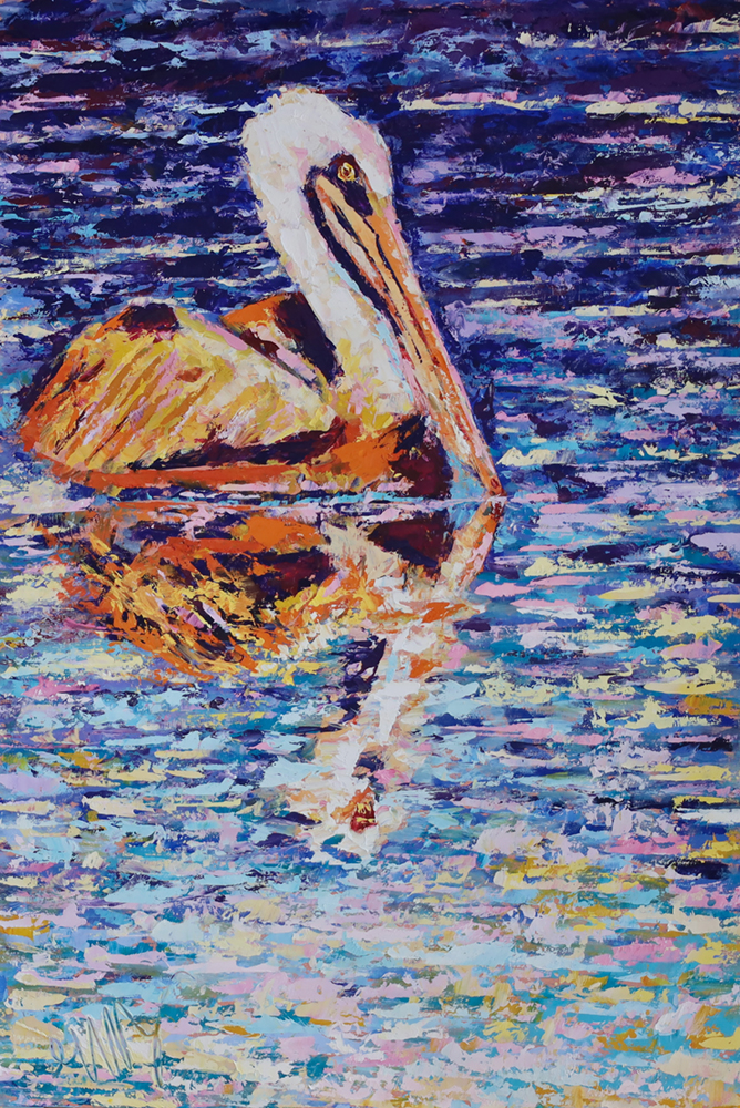 Oil painting of a pelican in the water