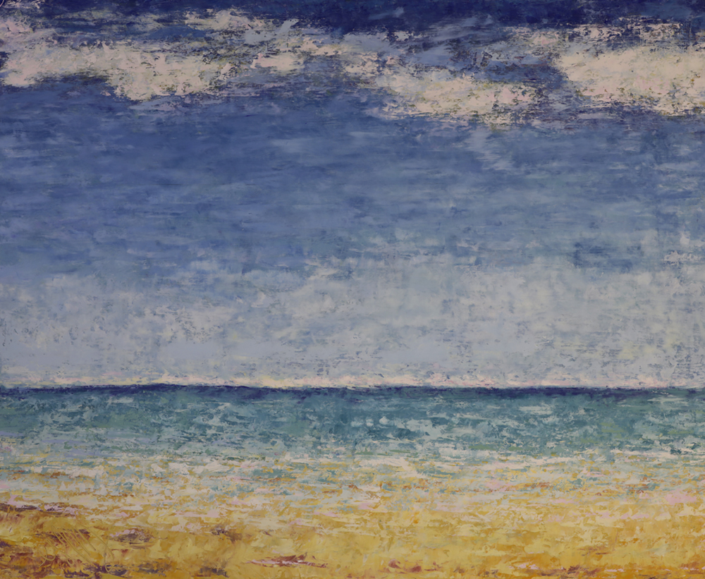 Oil painting of the ocean and sky with a distant, flat horizon