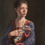 Iconic Is … Classical portrait woman holding giant lizard