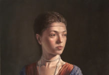 Iconic Is … Classical portrait woman holding giant lizard