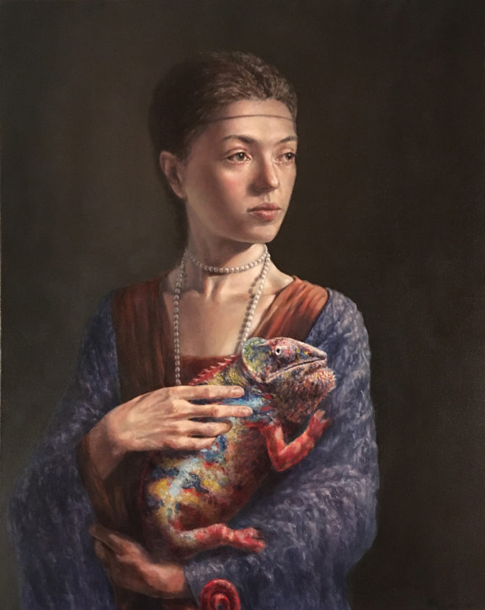 Classical portrait woman holding giant lizard