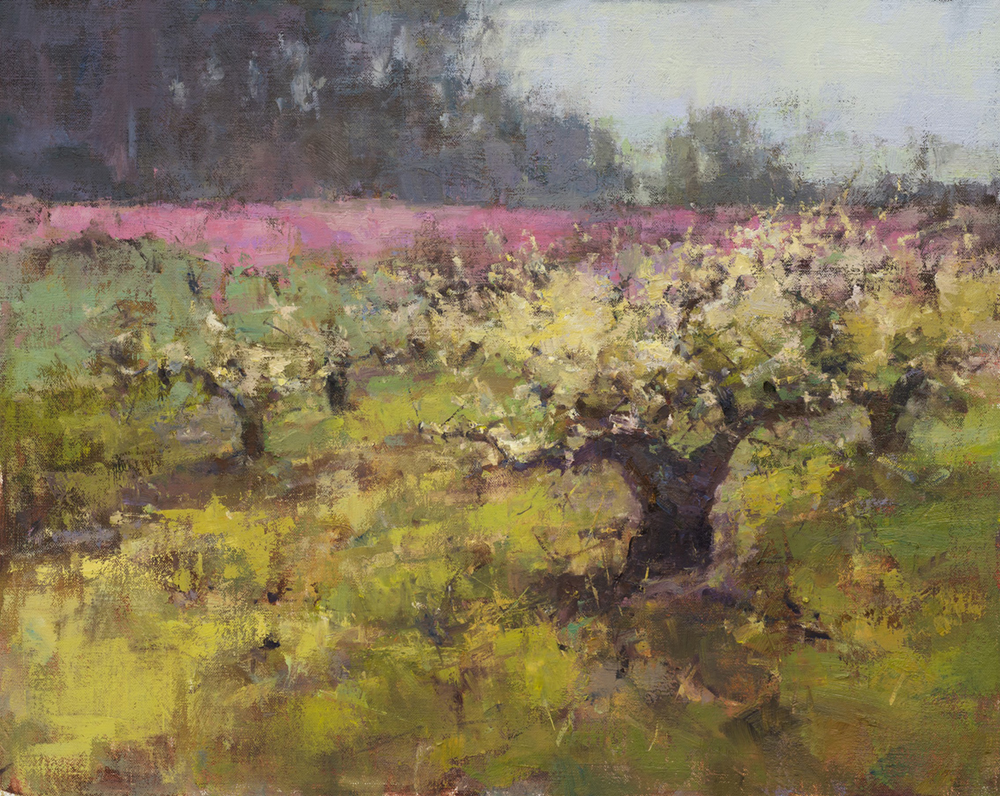Oil painting of field of trees in bloom
