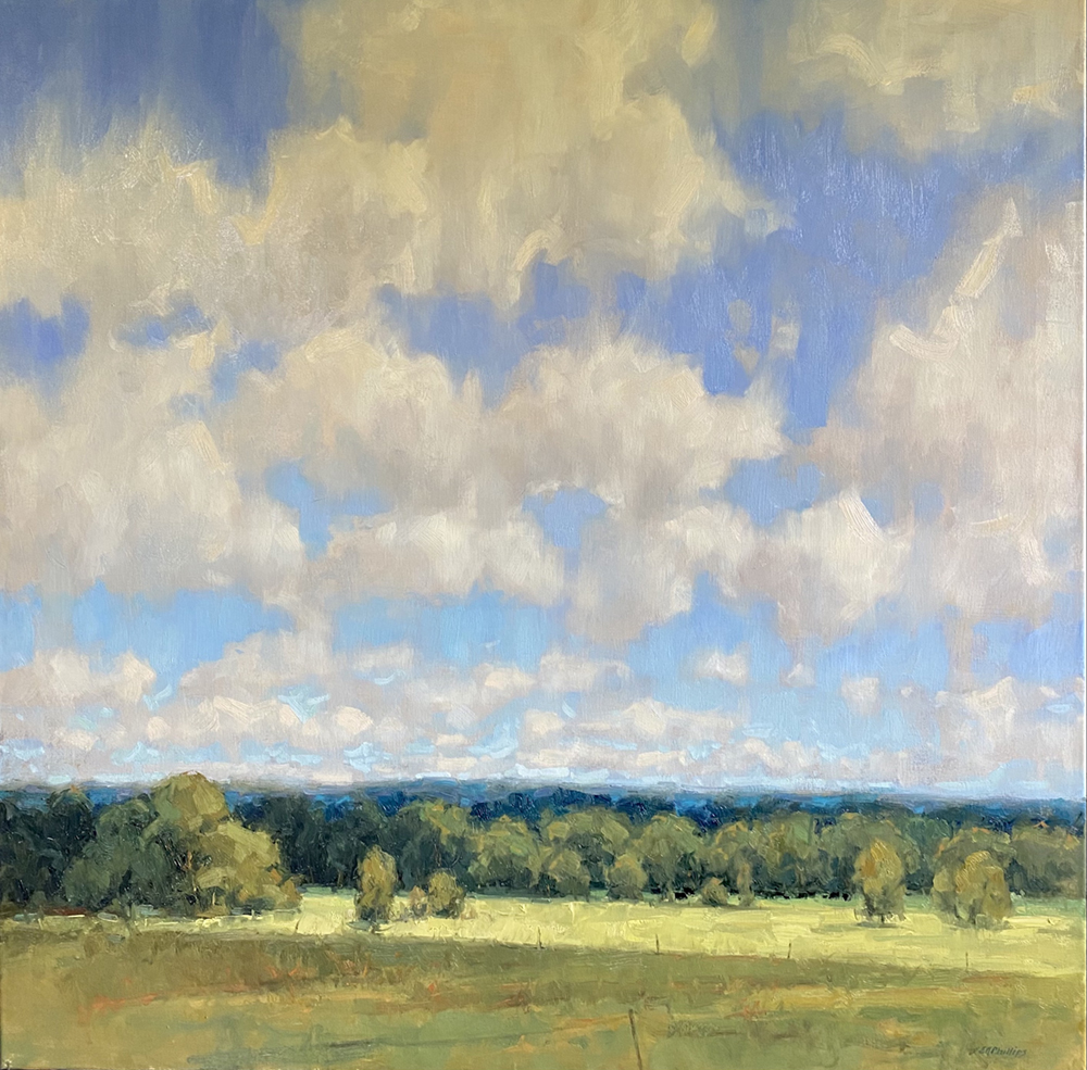 Oil painting of landscape with blue skies and puffy white clouds over green countryside