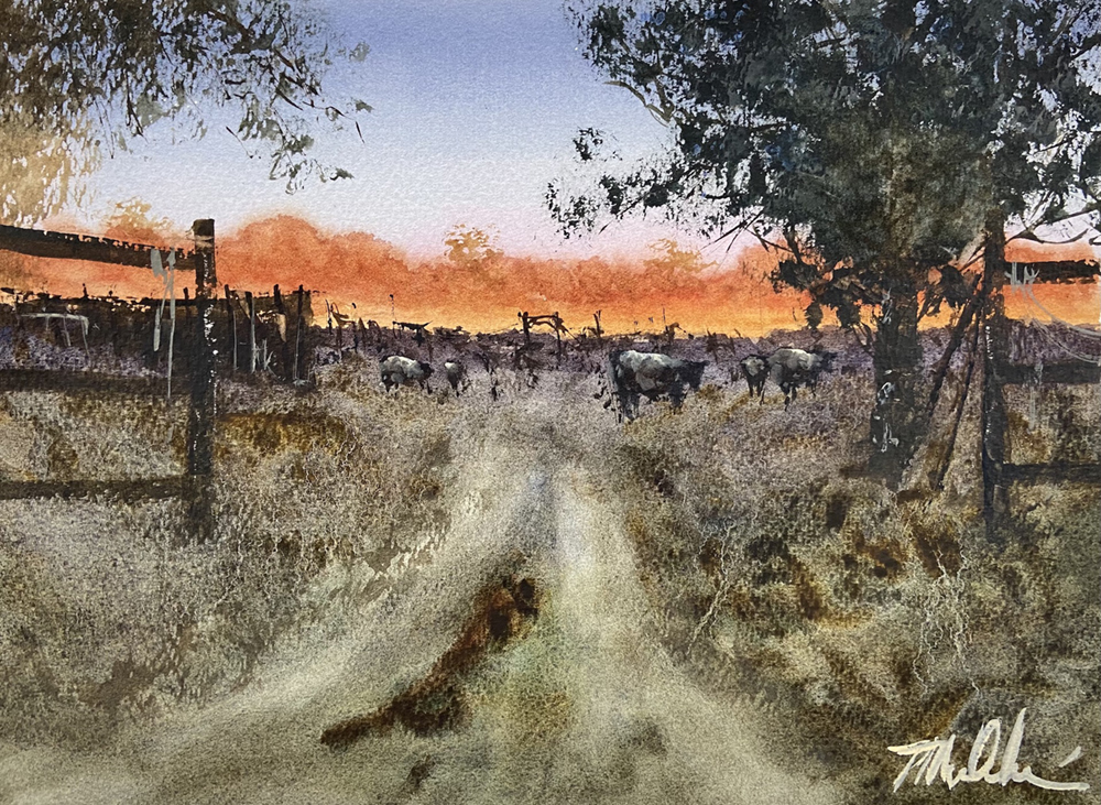 Watercolor painting of a country road with cows and mountains in the background