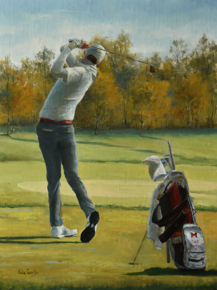 Oil painting of a man playing golf.