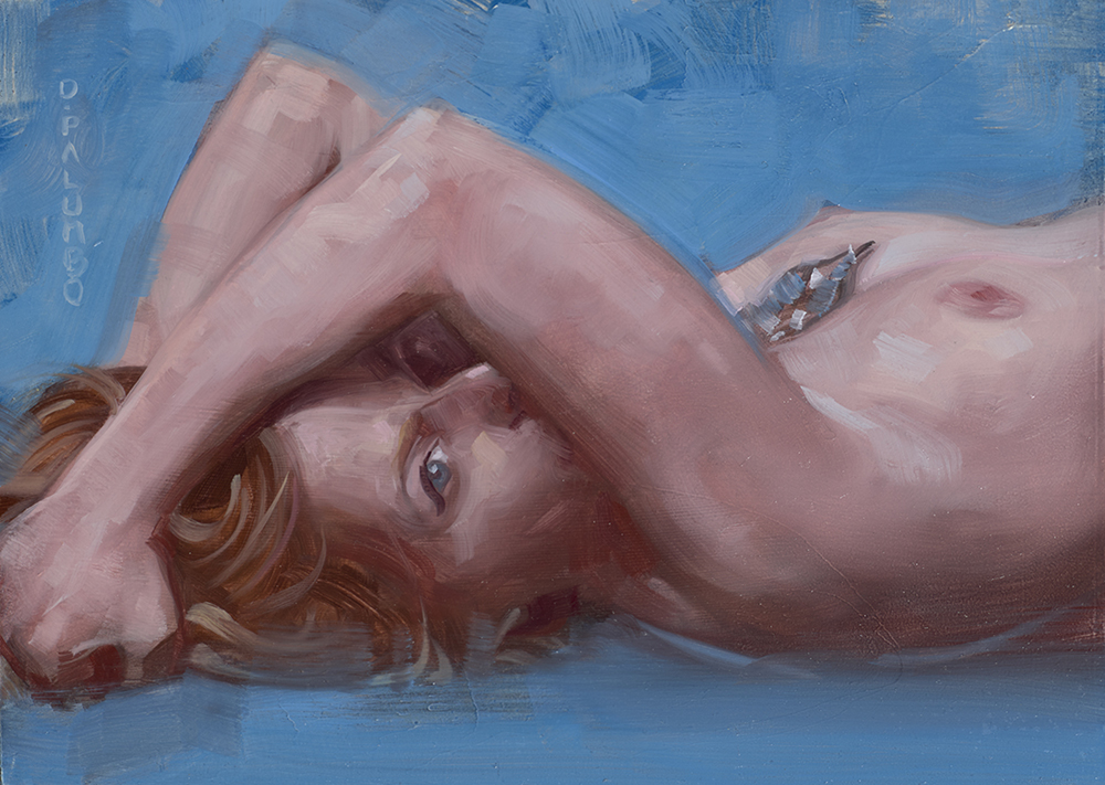 Oil painting of naked lady laying down with her arms over her head