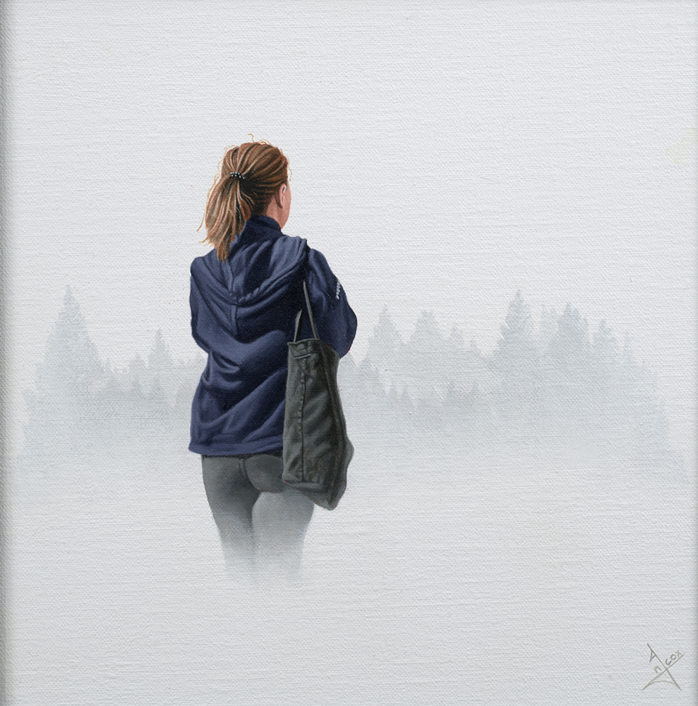 Oil painting of a girl with a ponytail in a jacket in the fog