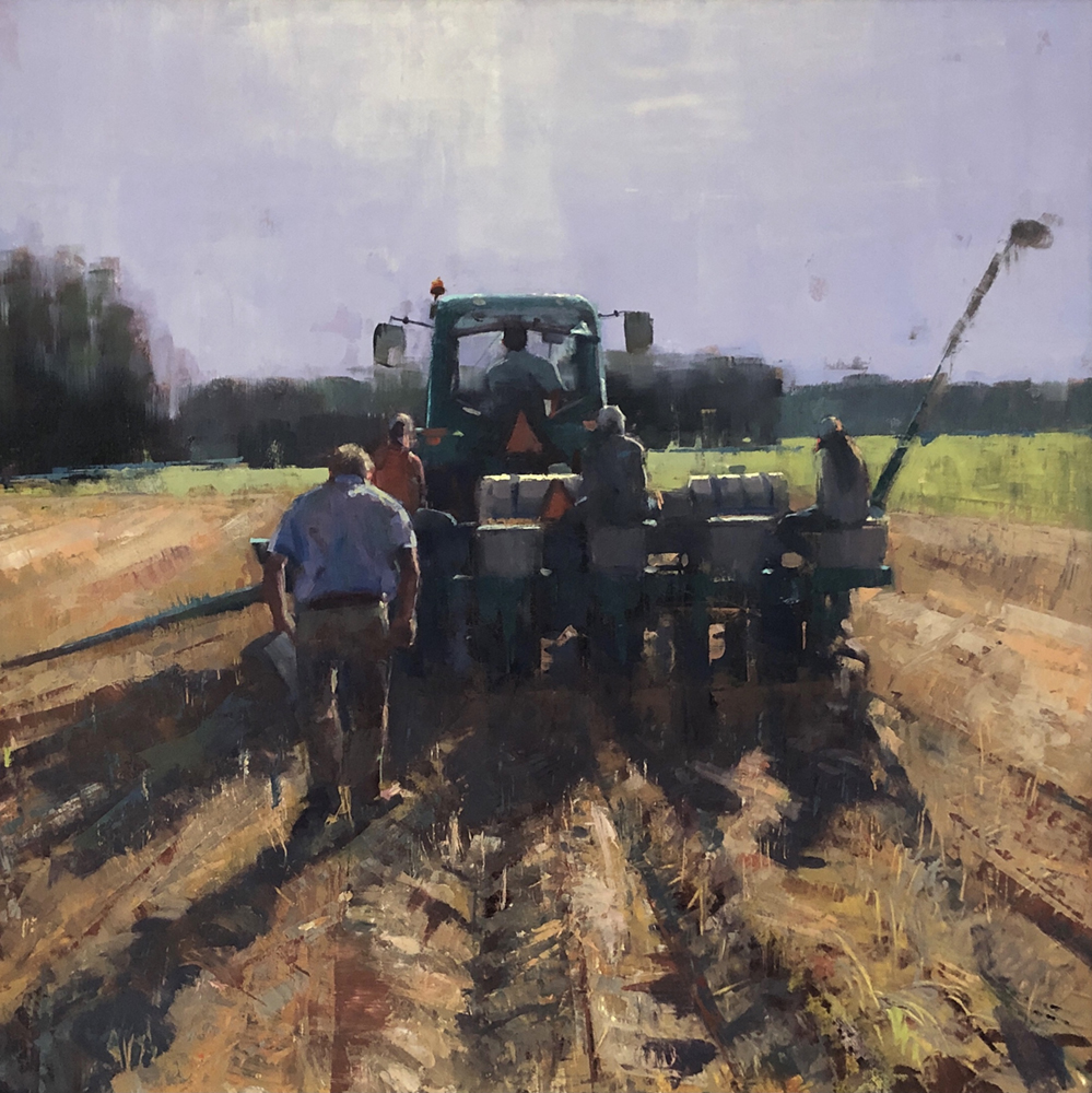 Oil painting of farmers behind a planter in a field