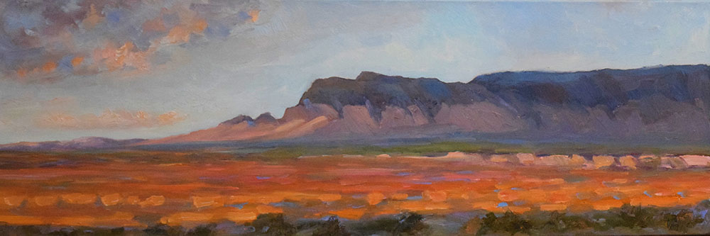 Oil painting of red rock formation landscape