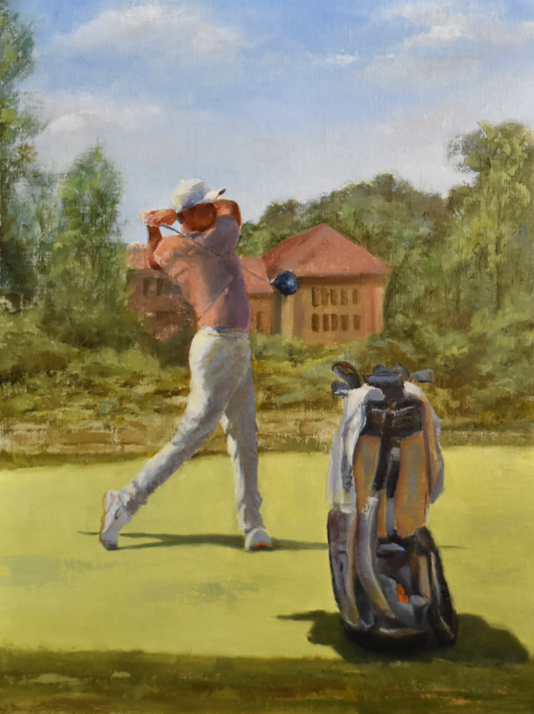 Oil painting of a man playing golf