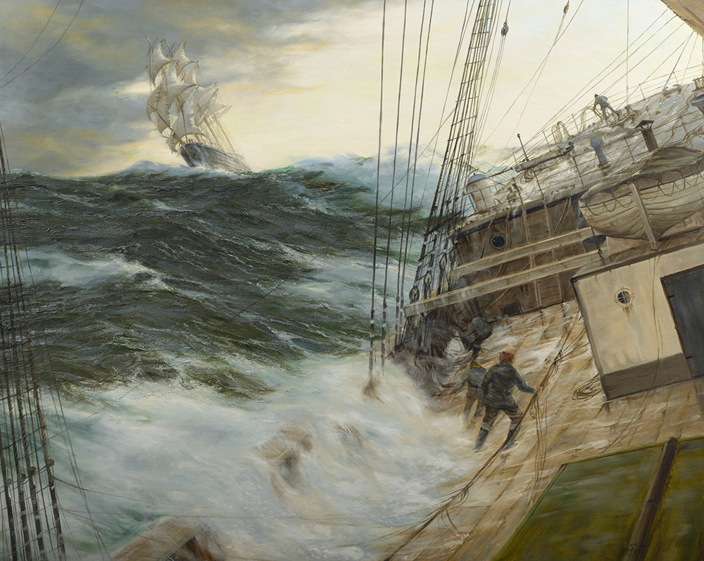 Oil painting of ships with sails in rough seas