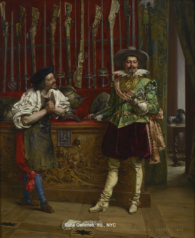 Oil painting of a sword maker observing a buyer examining his new sword