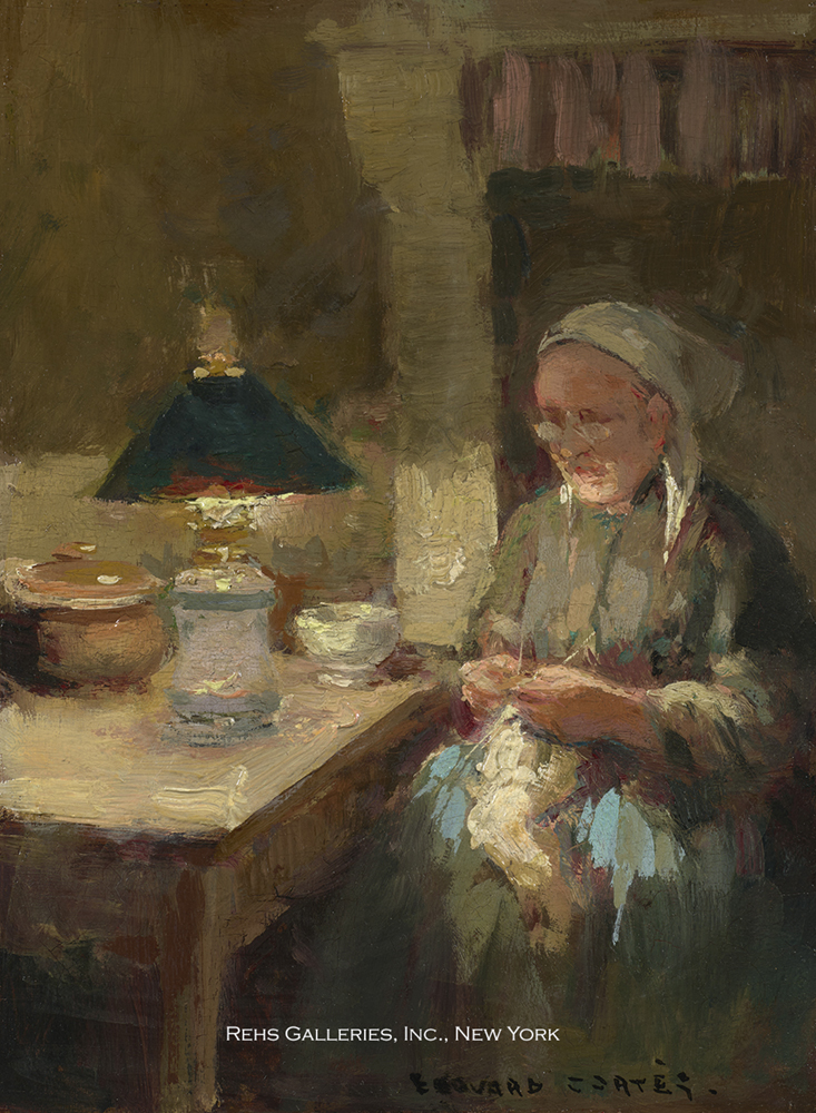 Oil painting of an old woman knitting to the light of a desk lamp