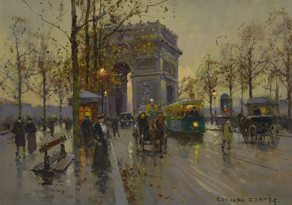 Oil painting of the Arc de Trimphe in France and a rainy city street