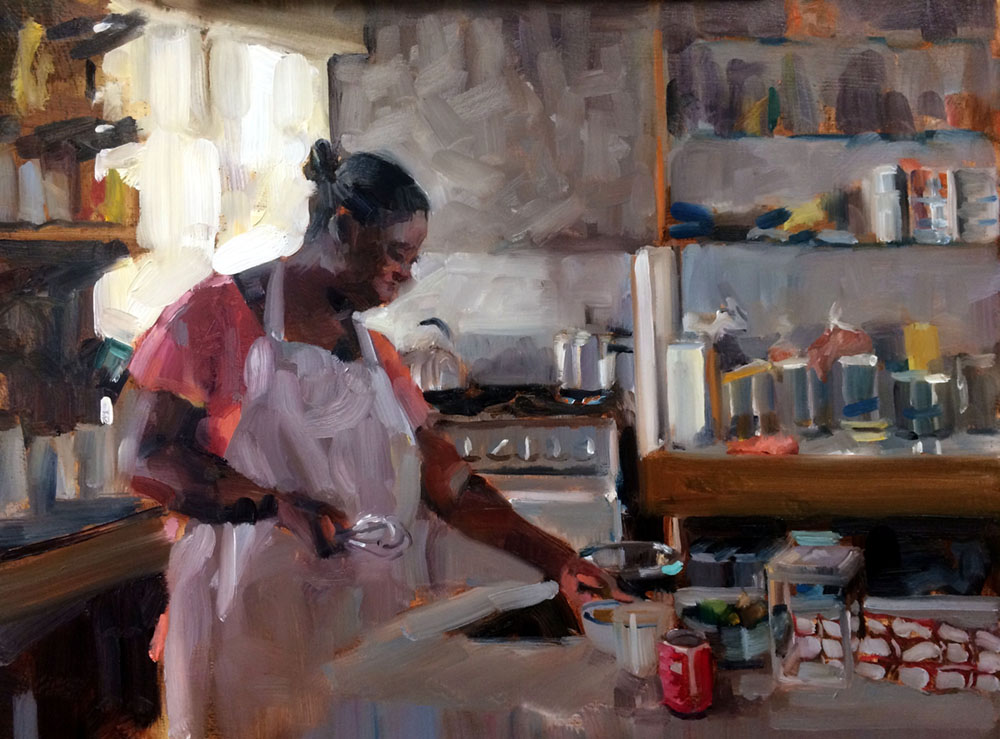 Oil painting of a female chef in a kitchen