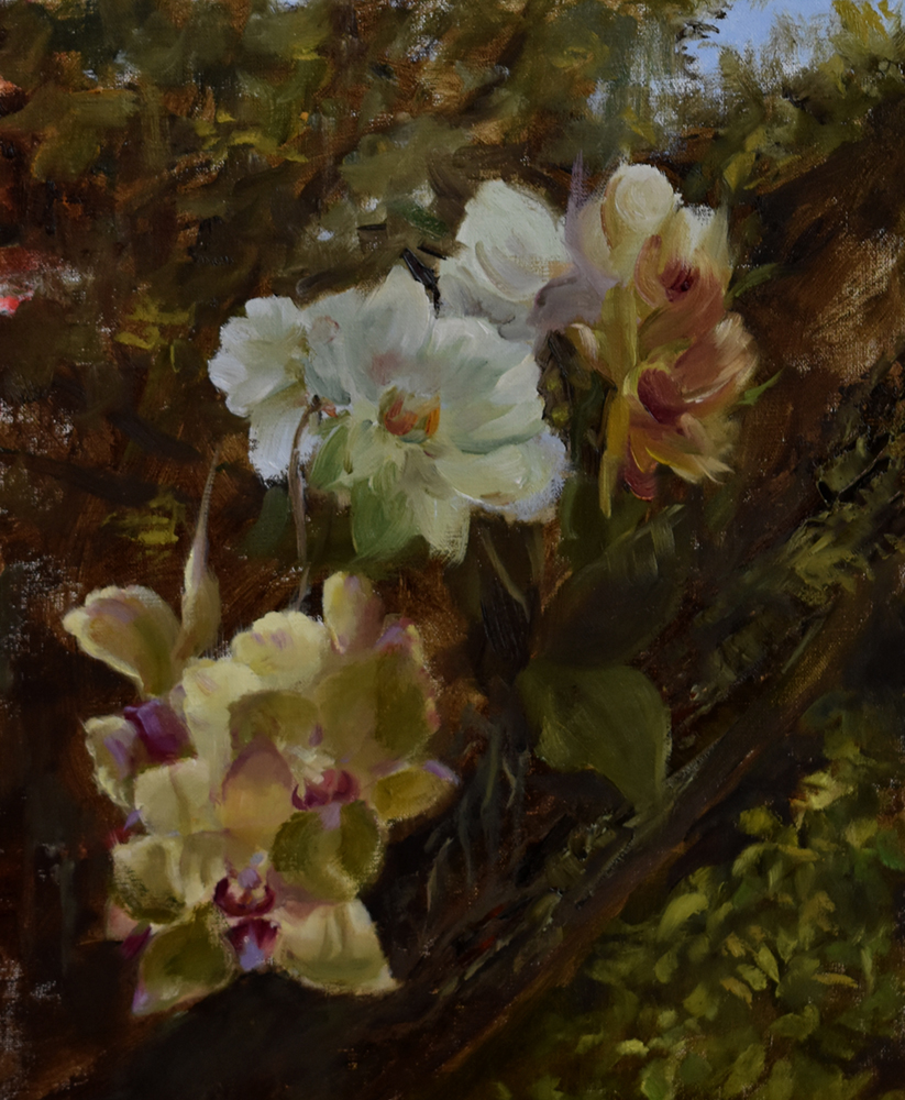 Oil painting of a grouping of backlit flowers