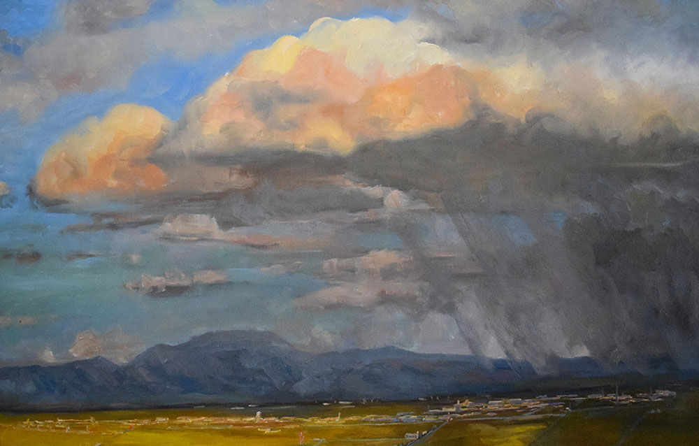 Oil painting of landscape with foreboding dark clouds over mountain range