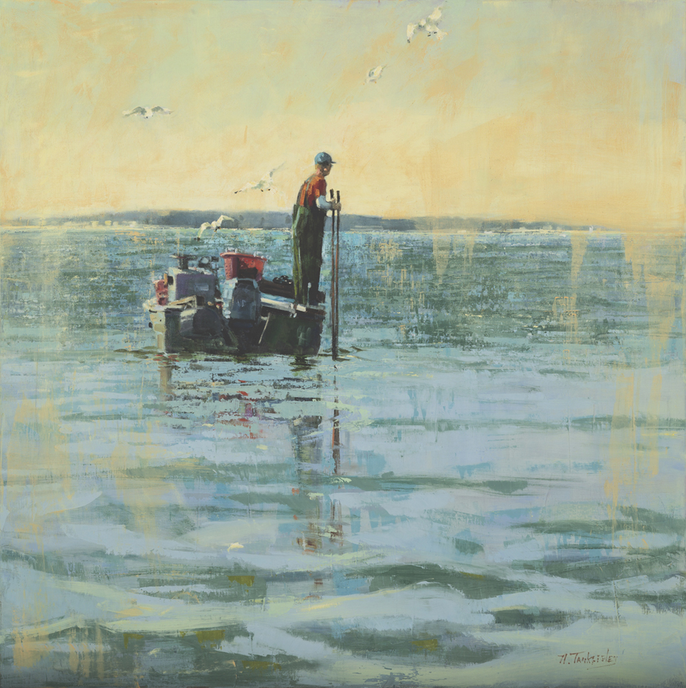 Oil painting of a fisherman in a boat on the water