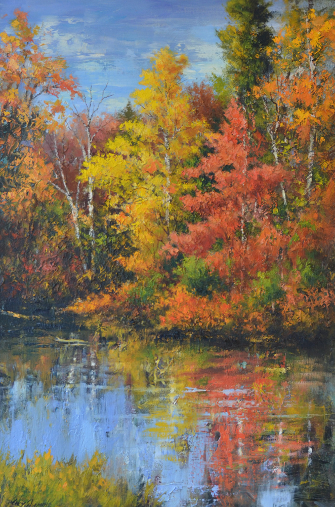 Oil painting of trees in autumn colors along a river