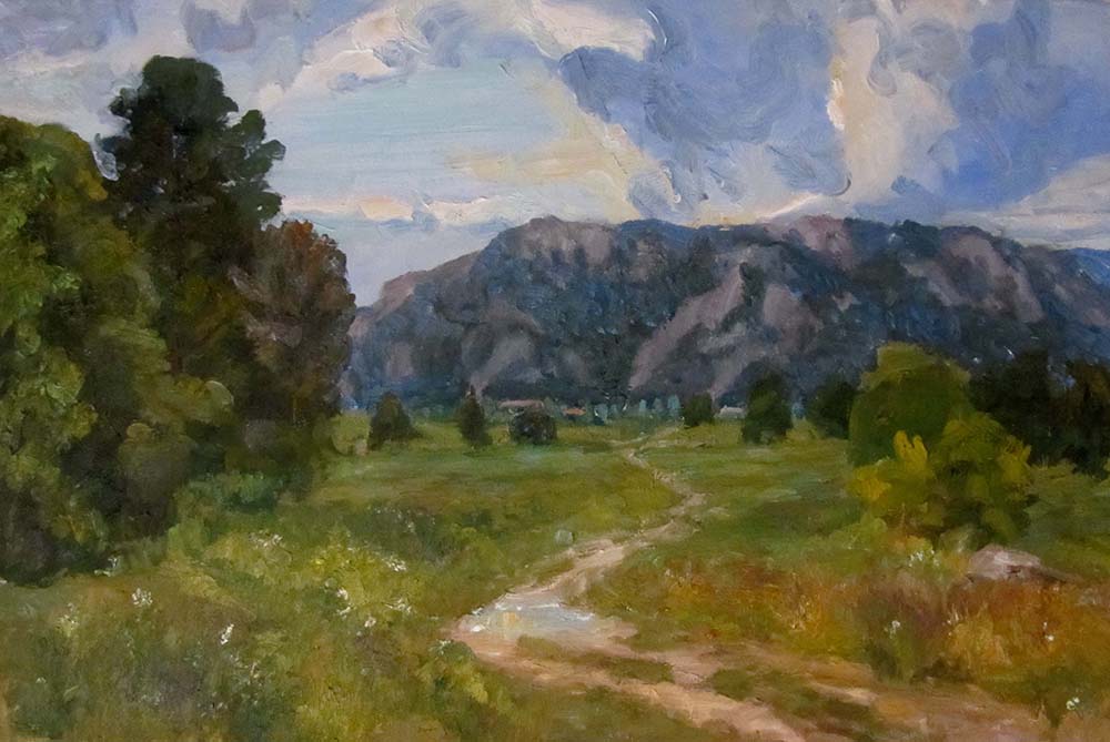 Oil painting of a dirt track through green grasses to a mountain in the distance