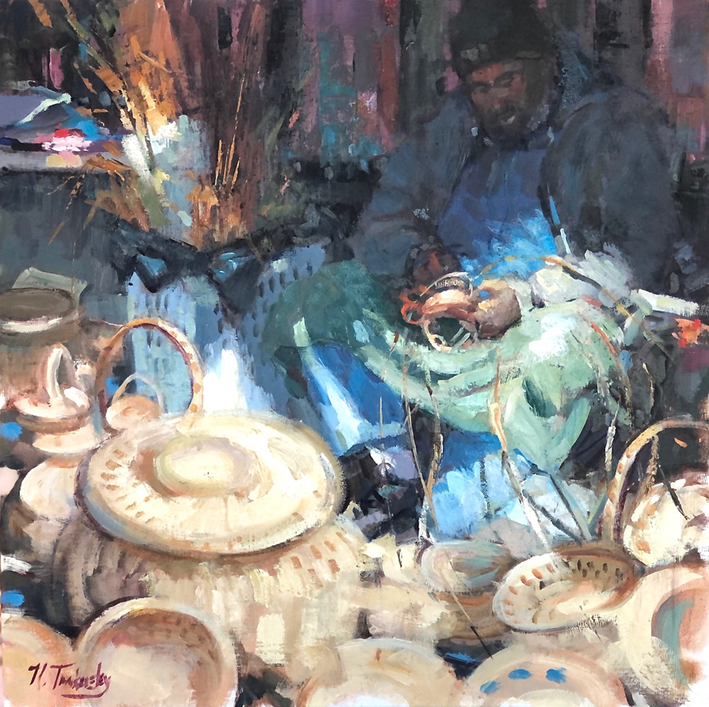 Oil painting of a man making sweetgrass baskets