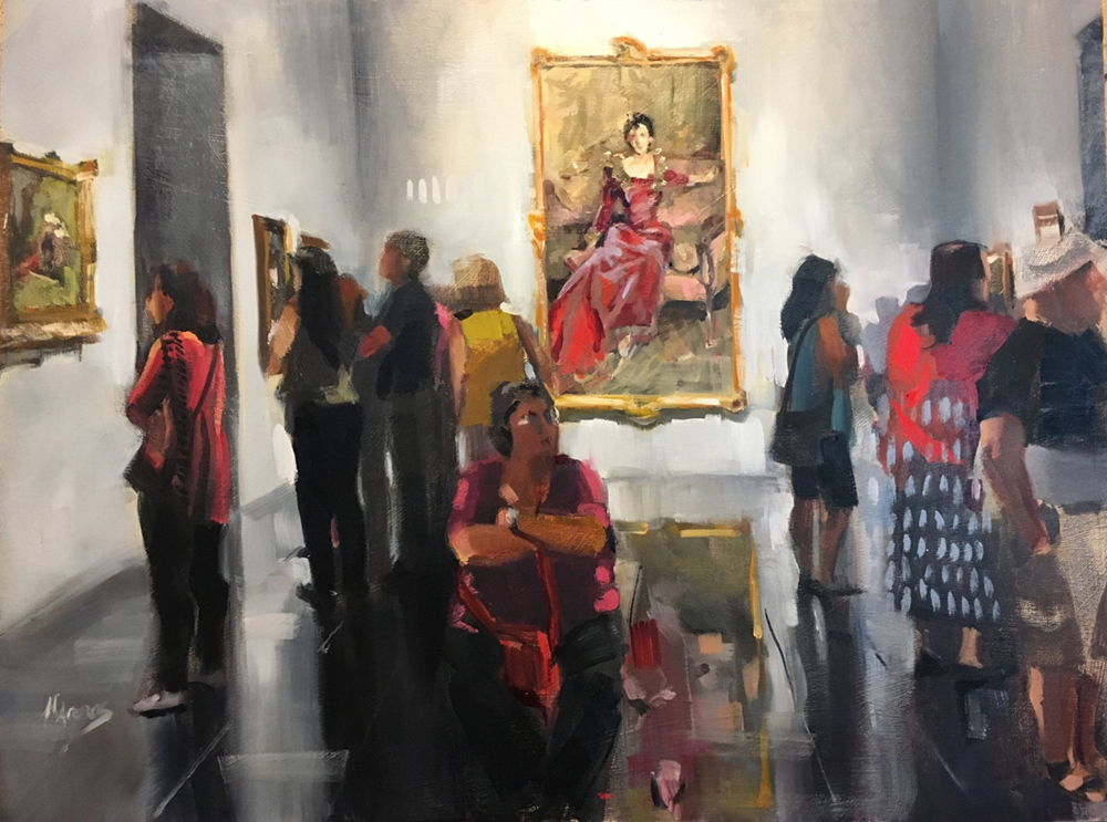 Oil painting of people in a museum viewing artwork
