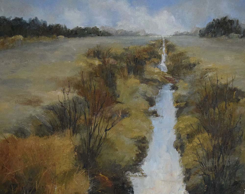 Oil painting of a dirt trail through a wash in a grassy landscape