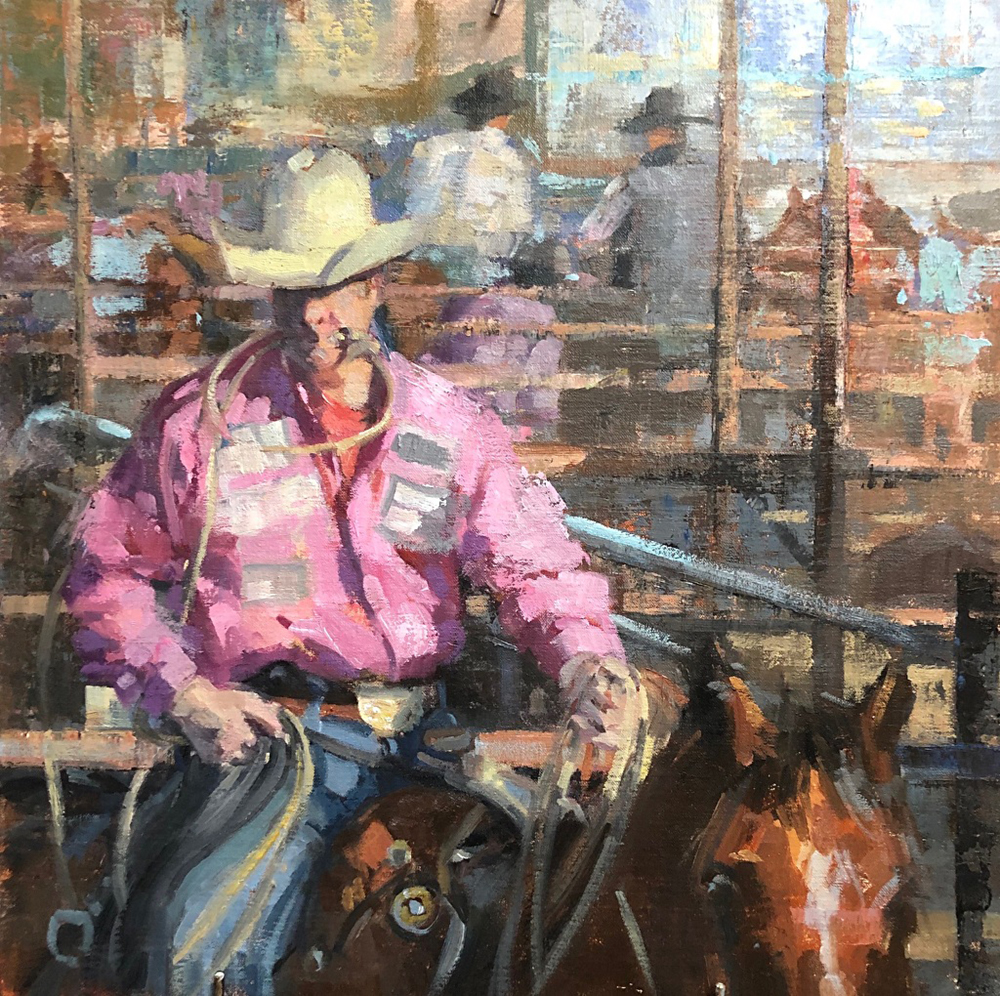 Oil painting of a cowboy on a horse