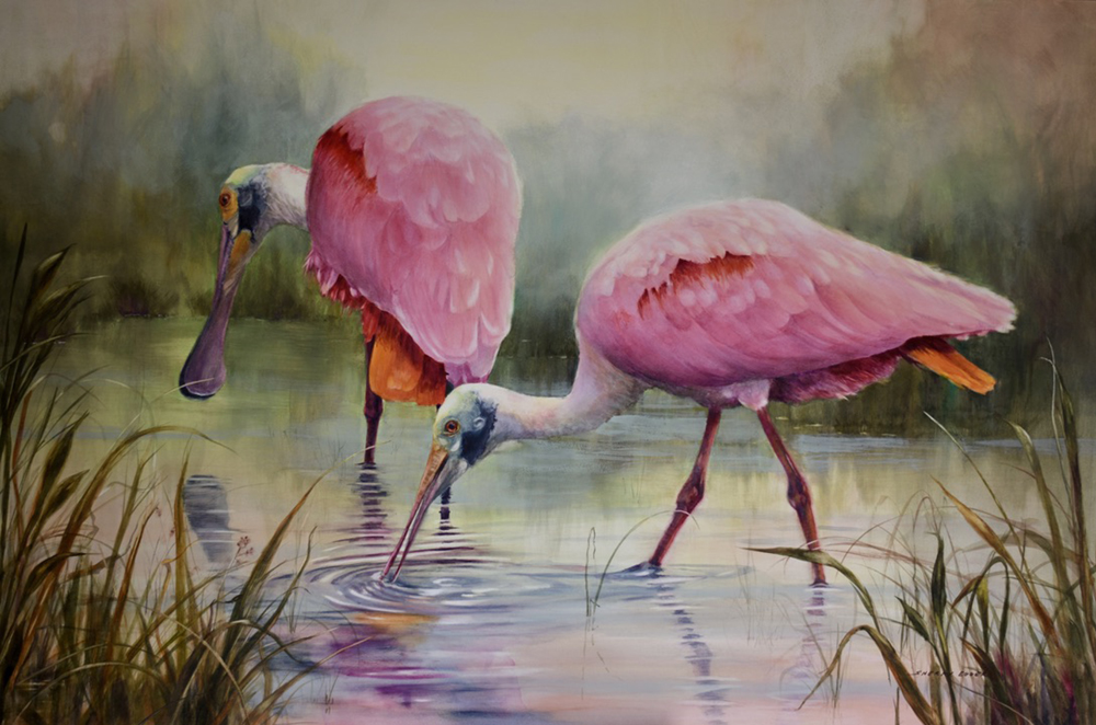 Oil painting of two spoonbills in shallow water