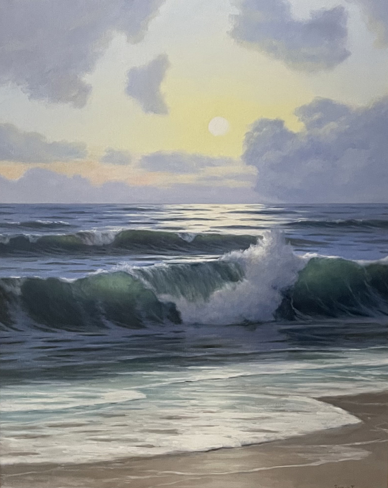 Oil painting of waves crashing on a shore