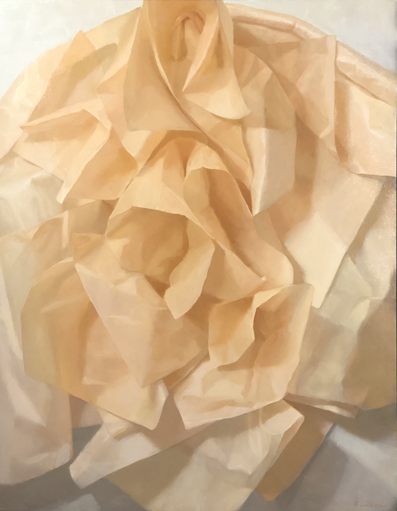 Oil painting of pale flower made of paper