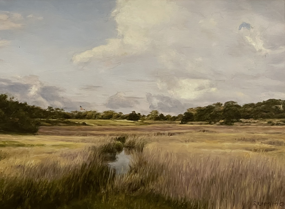 Oil painting of island with grasses and a stream