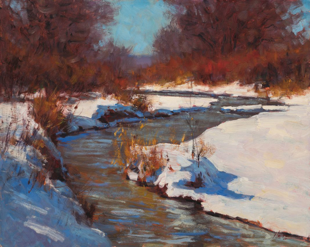 Oil painting of a creek with snow and trees