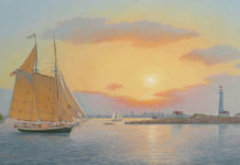 Marine Art On View: Connected Land and Sea Oil painting of a ship at sunset