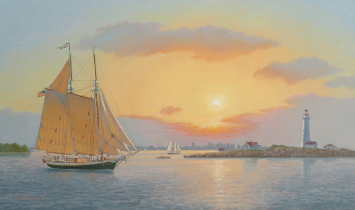Oil painting of a ship at sunset