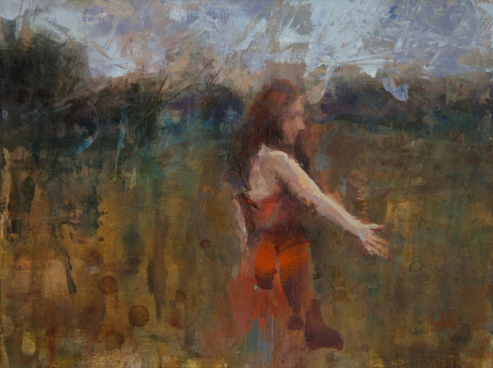 Acrylic painting of a woman walking through grasslands