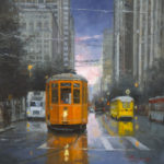 Featured Artwork: Richard Boyer Oil painting of an orange trolley on a San Francisco street
