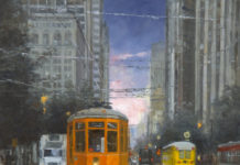 Featured Artwork: Richard Boyer Oil painting of an orange trolley on a San Francisco street