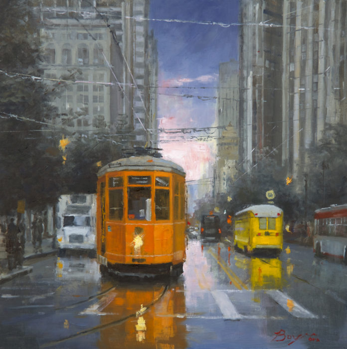 Oil painting of an orange trolley on a San Francisco street