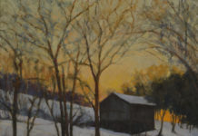 Featured Artwork: Brenda Coldwell Oil painting of a road with snow and a barn