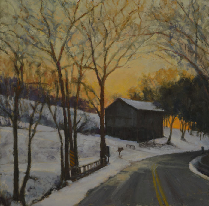 Oil painting of a road with snow and a barn